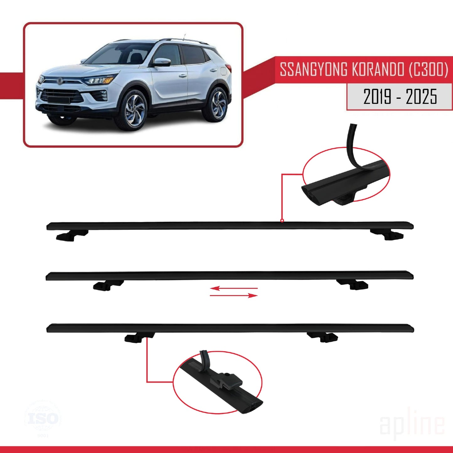 Compatible avec Ssangyong Korando 4 (C300) 2019-2025 BASIC Model Barres de Toit Railing Porte-Bagages de Voiture Noir Aluminium 3 Barres