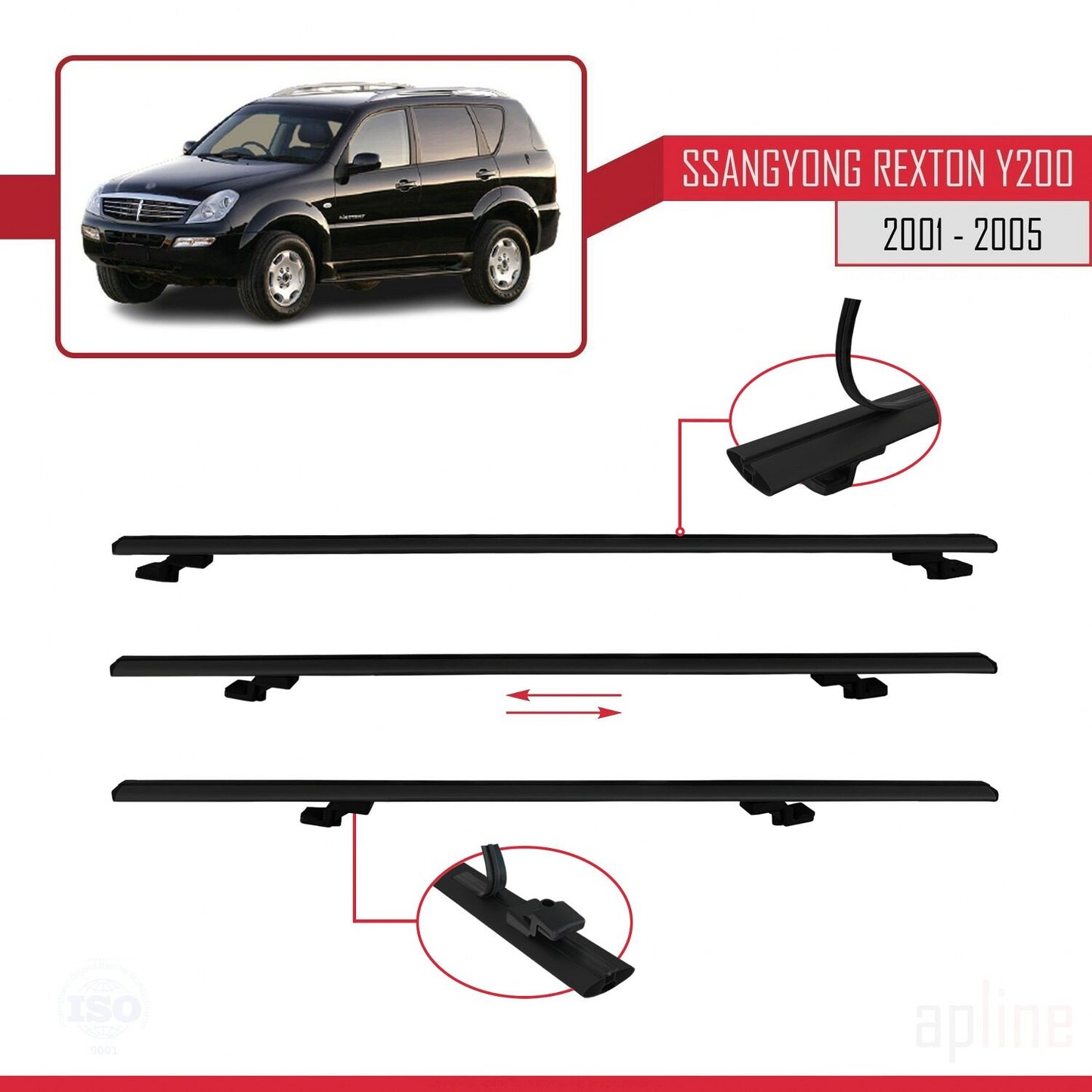 Compatible with Ssangyong Rexton (Y200) 2001-2005 BASIC Model Car Roof Rack Cross Bar Black Aluminium 2 Bars