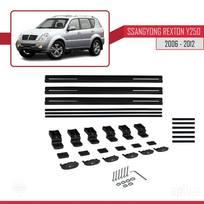 Compatible with Ssangyong Rexton (Y250) 2006-2012 BASIC Model Car Roof Rack Cross Bar Black Aluminium 3 Bars