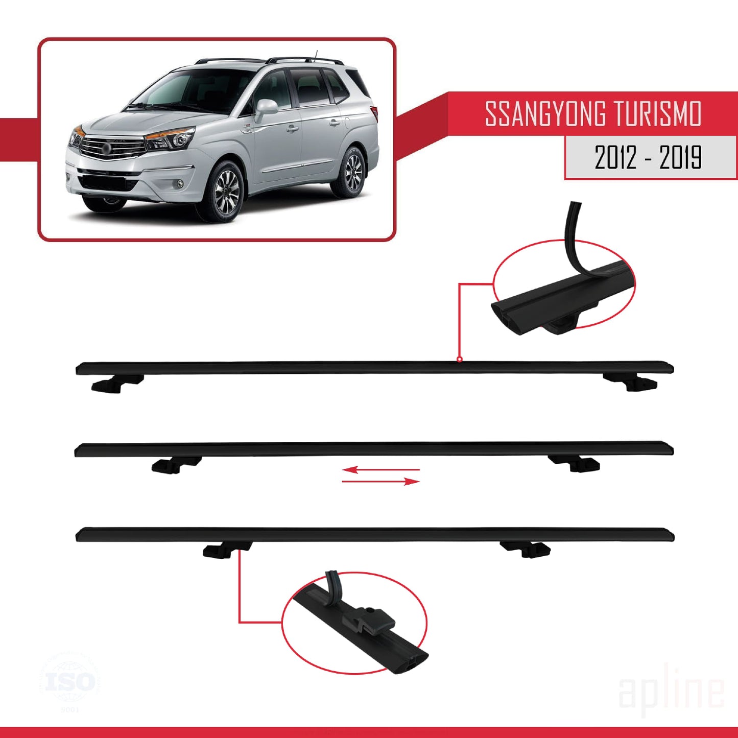 Compatible avec Ssangyong Turismo 2012-2019 BASIC Model Barres de Toit Railing Porte-Bagages de Voiture Noir Aluminium 3 Barres