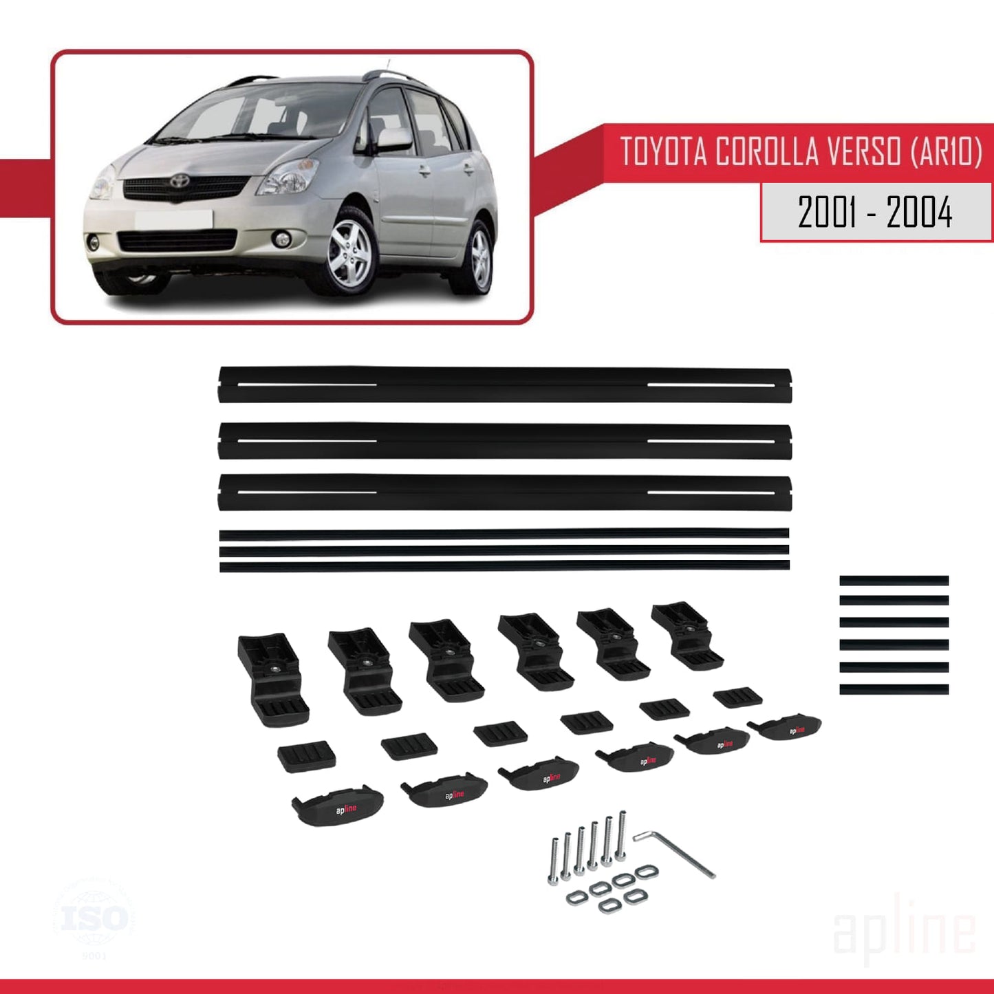 Compatible avec Toyota Corolla Verso (E120) 2001-2004 BASIC Model Barres de Toit Railing Porte-Bagages de Voiture Noir Aluminium 3 Barres