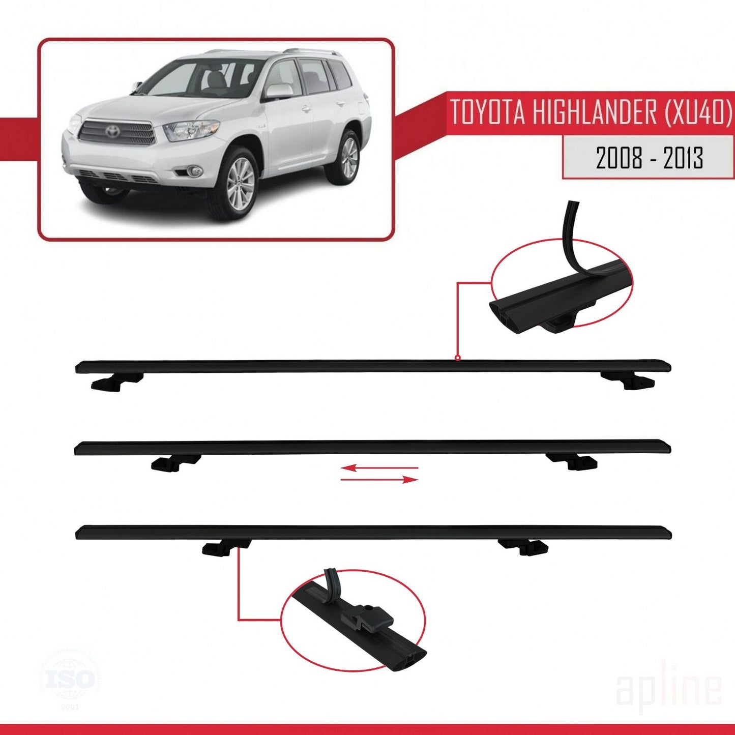 Compatible avec Toyota Highlander (XU40) 2008-2013 BASIC Model Barres de Toit Railing Porte-Bagages de Voiture Noir Aluminium 3 Barres