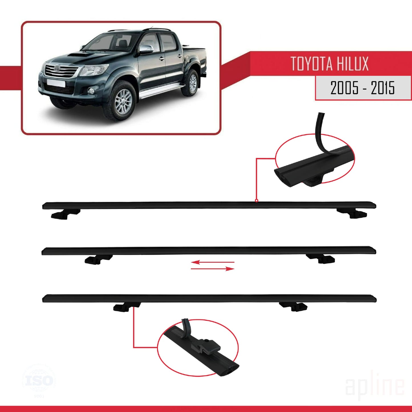 Compatible avec Toyota Hilux 7 (AN30) 2005-2015 BASIC Model Barres de Toit Railing Porte-Bagages de Voiture Noir Aluminium 2 Barres