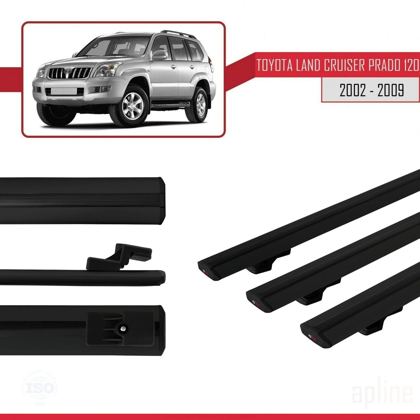 Compatible avec Toyota Land Cruiser Prado (J120) 2002-2006 BASIC Model Barres de Toit Railing Porte-Bagages de Voiture Noir Aluminium 3 Barres