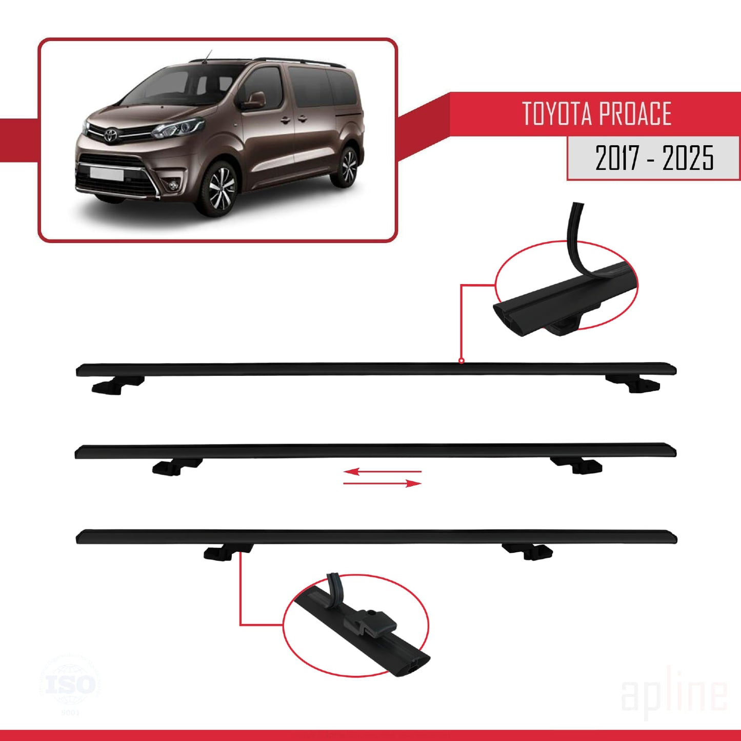 Compatible avec Toyota Proace 2017-2025 BASIC Model Barres de Toit Railing Porte-Bagages de Voiture Noir Aluminium 2 Barres