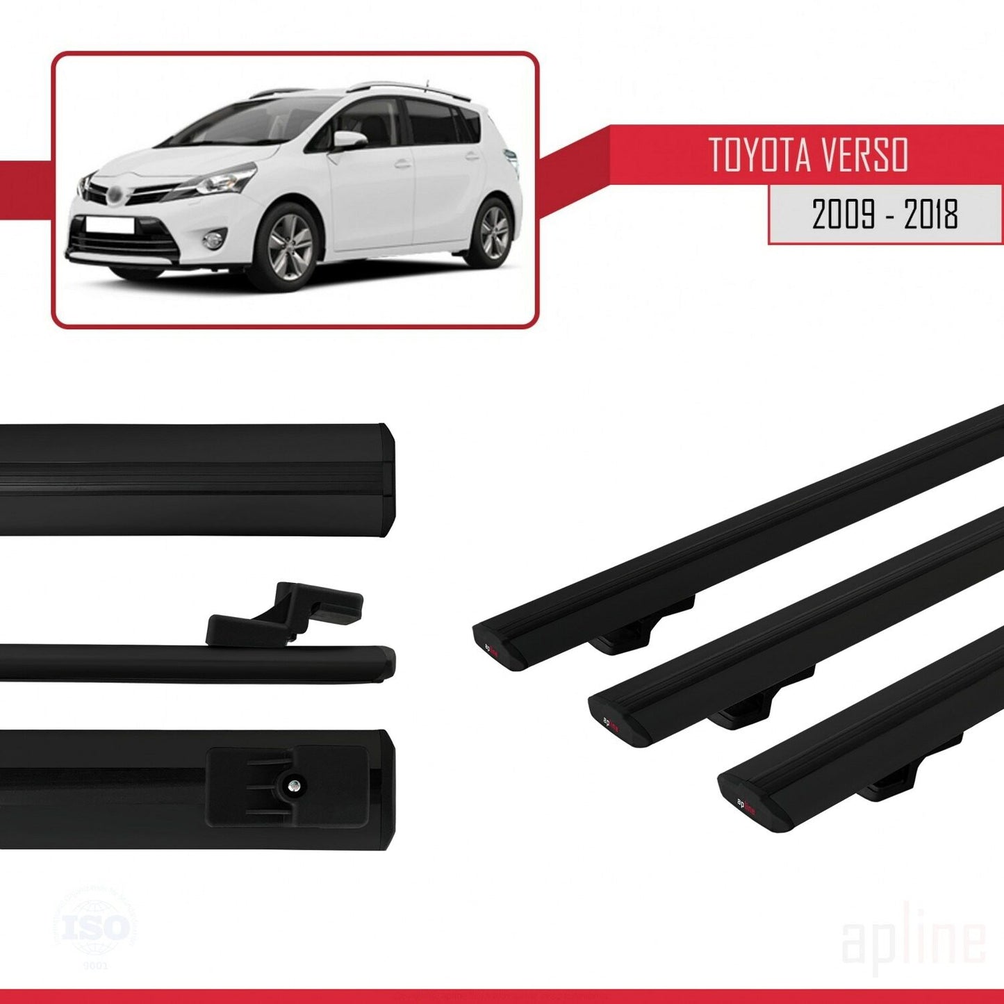 Compatible avec Toyota Verso (AR20) 2009-2018 BASIC Model Barres de Toit Railing Porte-Bagages de Voiture Noir Aluminium 3 Barres