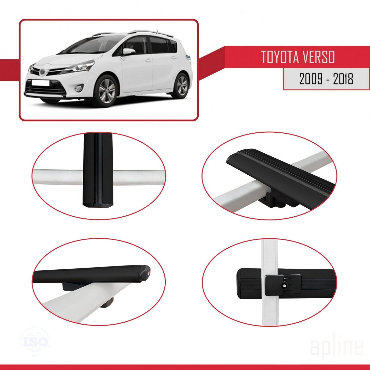 Compatible avec Toyota Verso (AR20) 2009-2018 BASIC Model Barres de Toit Railing Porte-Bagages de Voiture Noir Aluminium 2 Barres