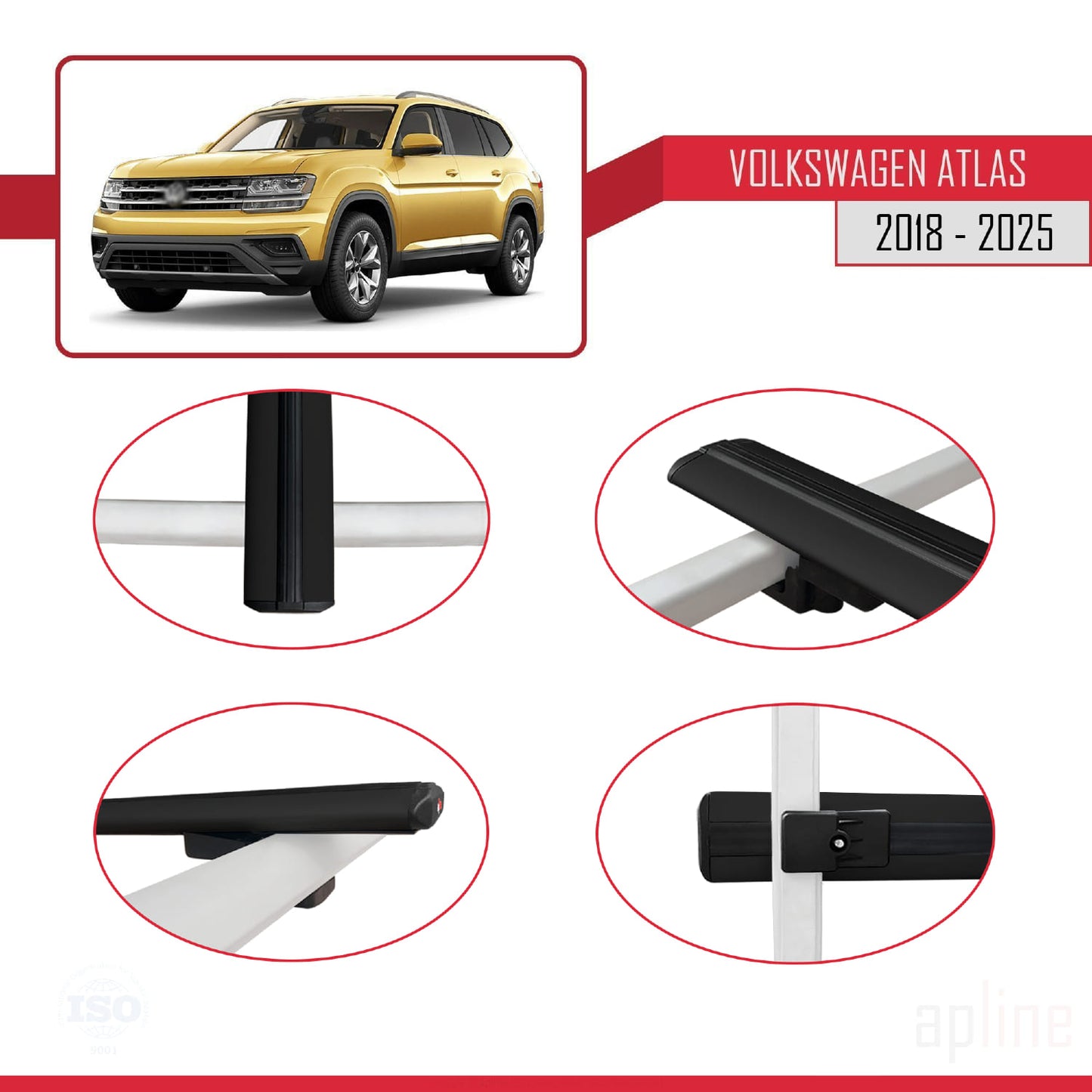 Compatible avec Volkswagen Atlas (CA1) 2018-2025 BASIC Model Barres de Toit Railing Porte-Bagages de Voiture Noir Aluminium 3 Barres