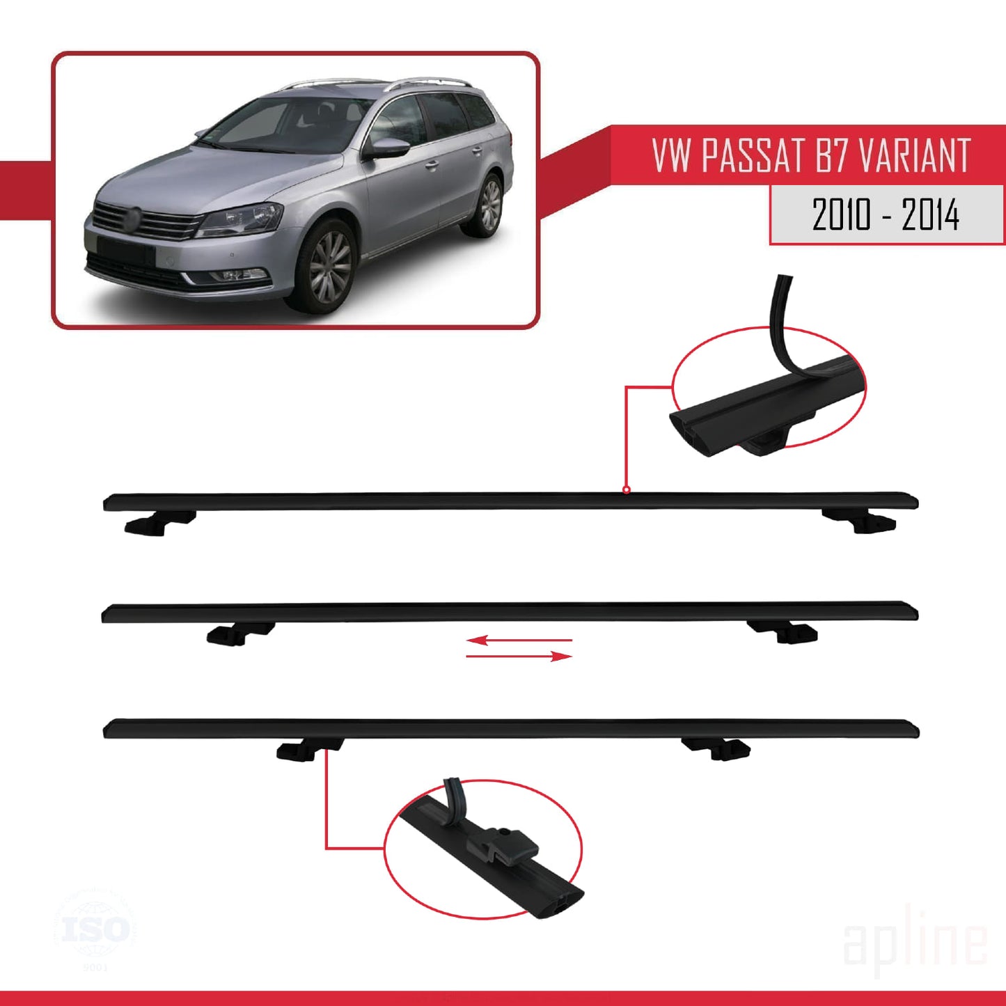 Compatible avec Volkswagen Passat B7 (3C) Variant 2010-2014 BASIC Model Barres de Toit Railing Porte-Bagages de Voiture Noir Aluminium 3 Barres