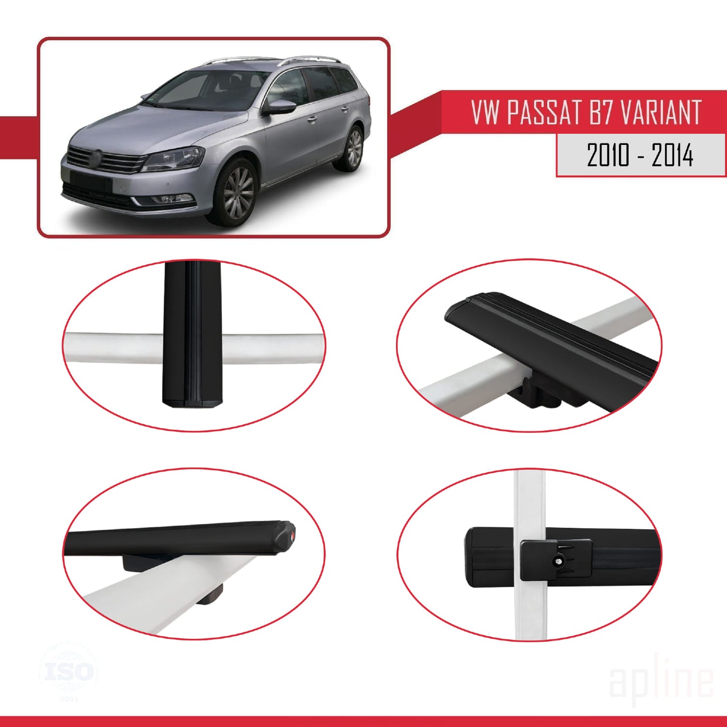 Compatible avec Volkswagen Passat B7 (3C) Variant 2010-2014 BASIC Model Barres de Toit Railing Porte-Bagages de Voiture Noir Aluminium 2 Barres