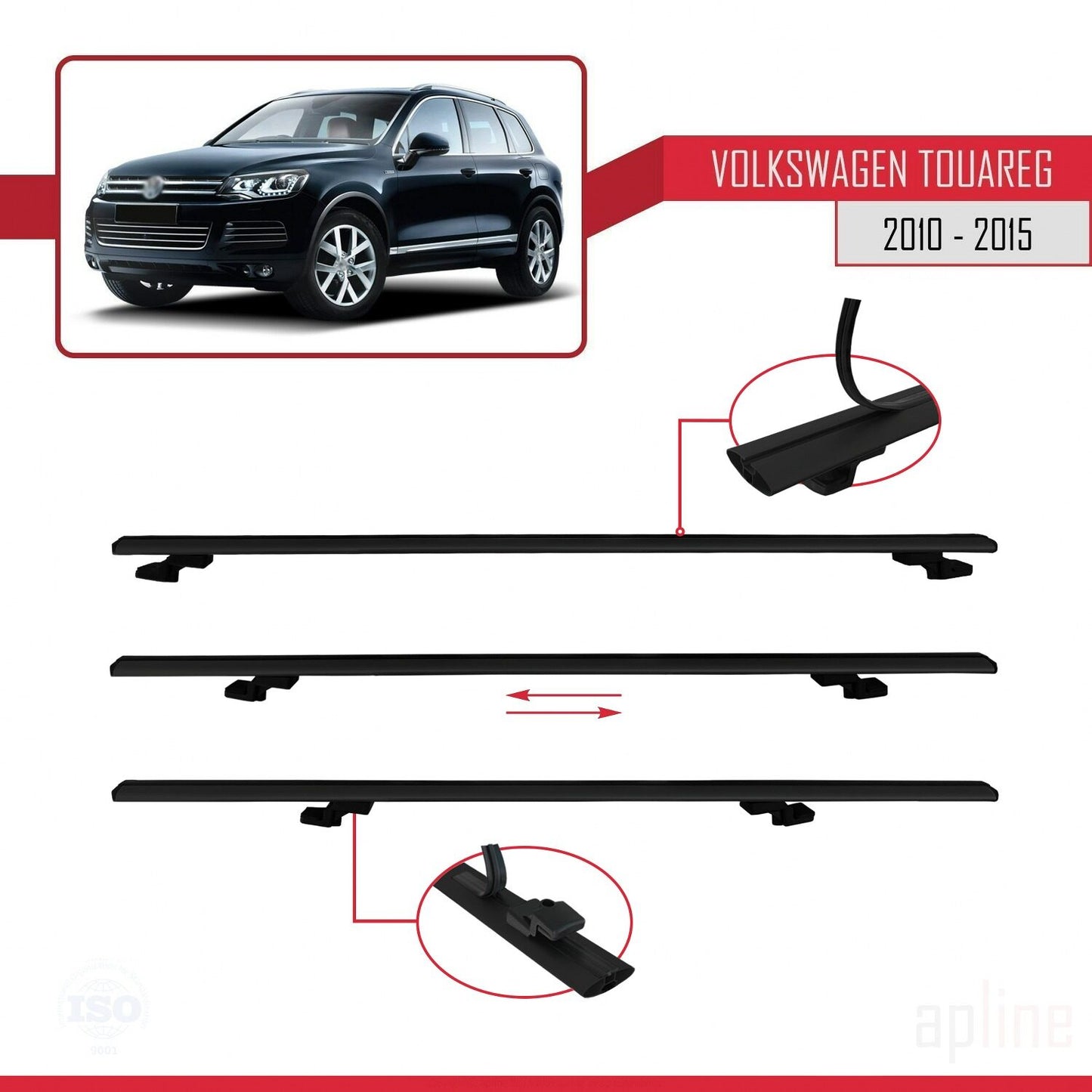 Compatible avec Volkswagen Touareg 2 (7P) Pre-Facelift 2010-2015 BASIC Model Barres de Toit Railing Porte-Bagages de Voiture Noir Aluminium 2 Barres