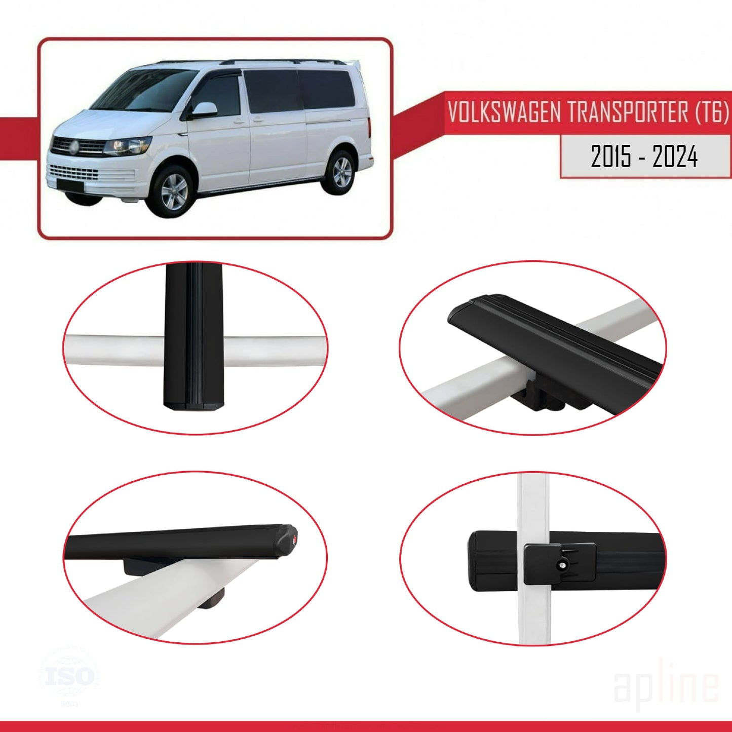 Compatible avec Volkswagen T6 Transporter 2015-2024 BASIC Model Barres de Toit Railing Porte-Bagages de Voiture Noir Aluminium 2 Barres