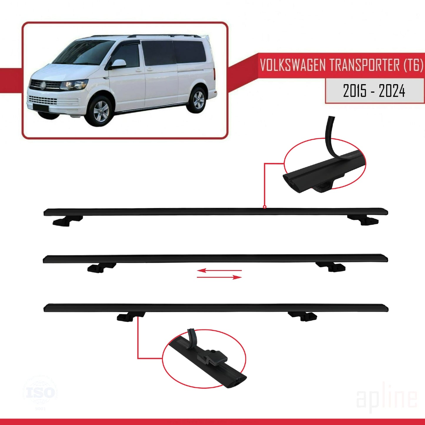 Compatible avec Volkswagen T6 Transporter 2015-2024 BASIC Model Barres de Toit Railing Porte-Bagages de Voiture Noir Aluminium 2 Barres