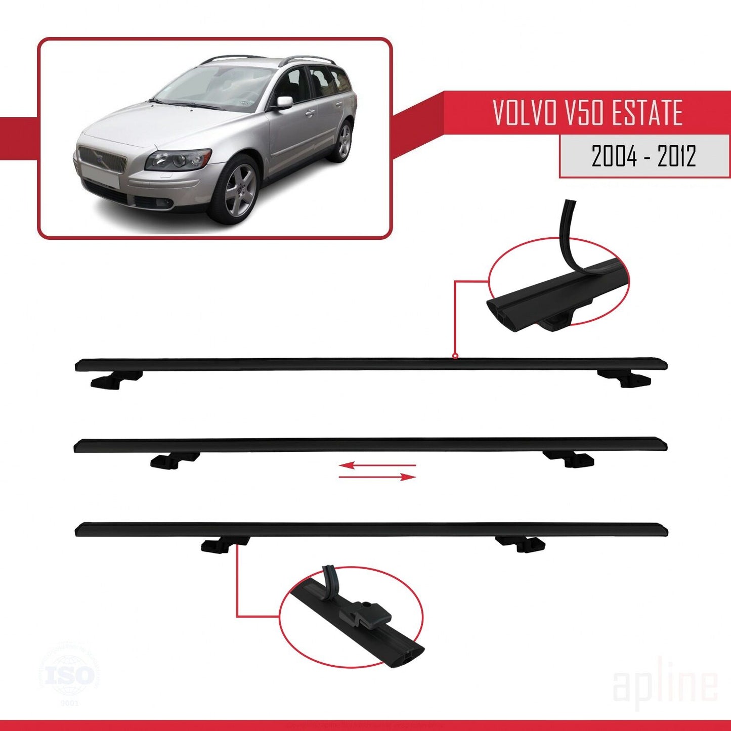 Compatible avec Volvo V50 2004-2012 BASIC Model Barres de Toit Railing Porte-Bagages de Voiture Noir Aluminium 2 Barres