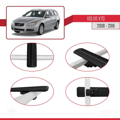 Compatible avec Volvo V70 III 2008-2016 BASIC Model Barres de Toit Railing Porte-Bagages de Voiture Noir Aluminium 2 Barres