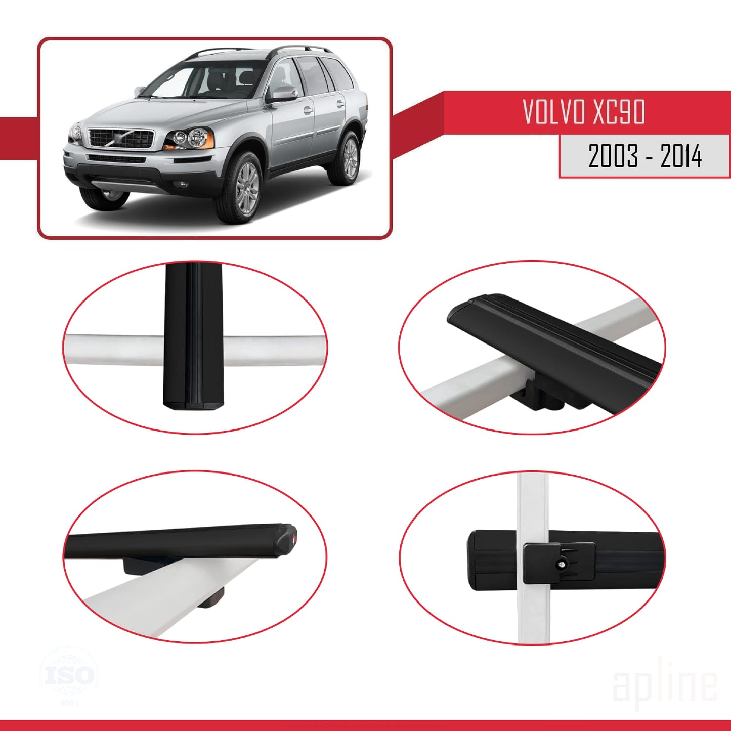 Compatible avec Volvo XC90 2003-2014 BASIC Model Barres de Toit Railing Porte-Bagages de Voiture Noir Aluminium 3 Barres