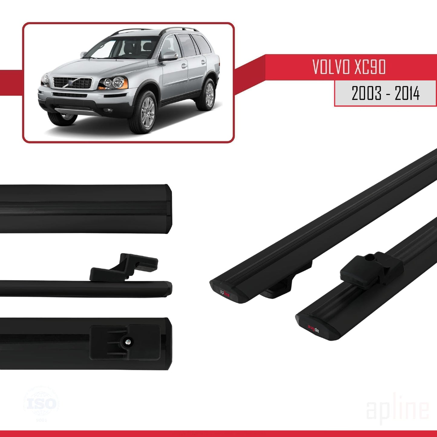 Compatible avec Volvo XC90 2003-2014 BASIC Model Barres de Toit Railing Porte-Bagages de Voiture Noir Aluminium 2 Barres