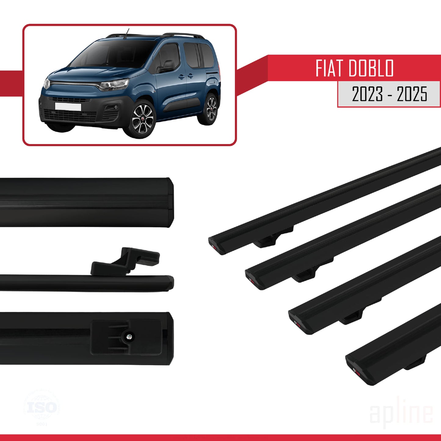 Compatible avec Fiat Doblo 3 2023-2025 BASIC Model Barres de Toit Railing Porte-Bagages de Voiture Noir Aluminium 4 Barres