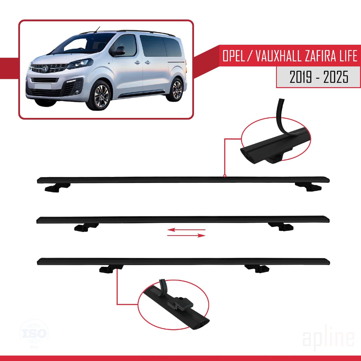 Compatible avec Opel Zafira Life 2019-2025 BASIC Model Barres de Toit Railing Porte-Bagages de Voiture Noir Aluminium 4 Barres