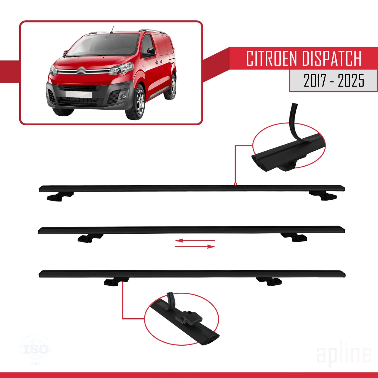 Compatible avec Citroen Dispatch (K0) 2017-2025 BASIC Model Barres de Toit Railing Porte-Bagages de Voiture Noir Aluminium 3 Barres