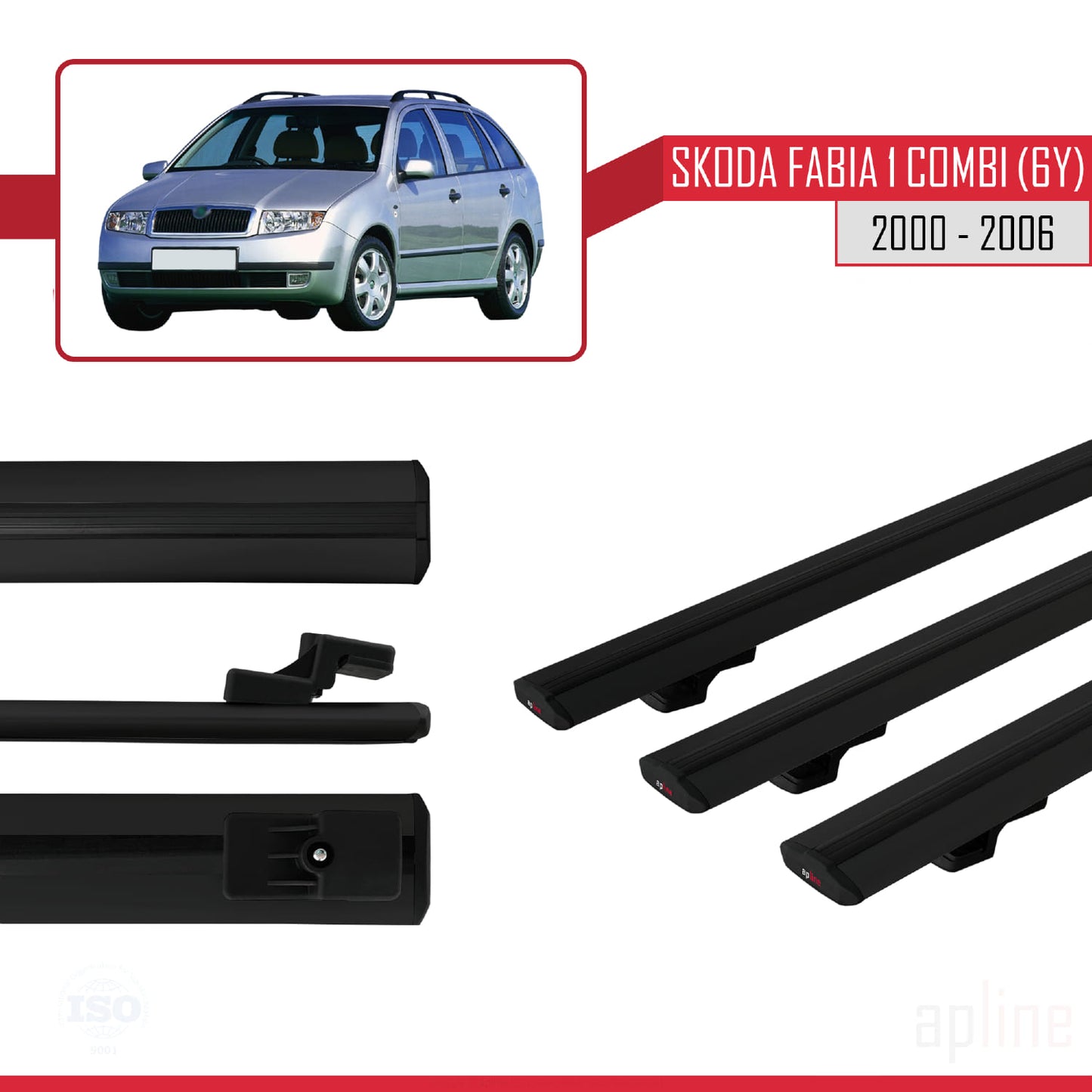 Compatible with Skoda Fabia (6Y) SW 2000-2006 BASIC Model Car Roof Rack Cross Bar Black Aluminium 3 Bars
