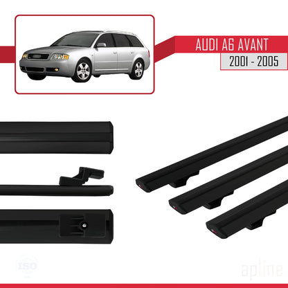 Compatible avec Audi A6 Avant 2001-2005 BASIC Model Barres de Toit Railing Porte-Bagages de Voiture Noir Aluminium 3 Barres