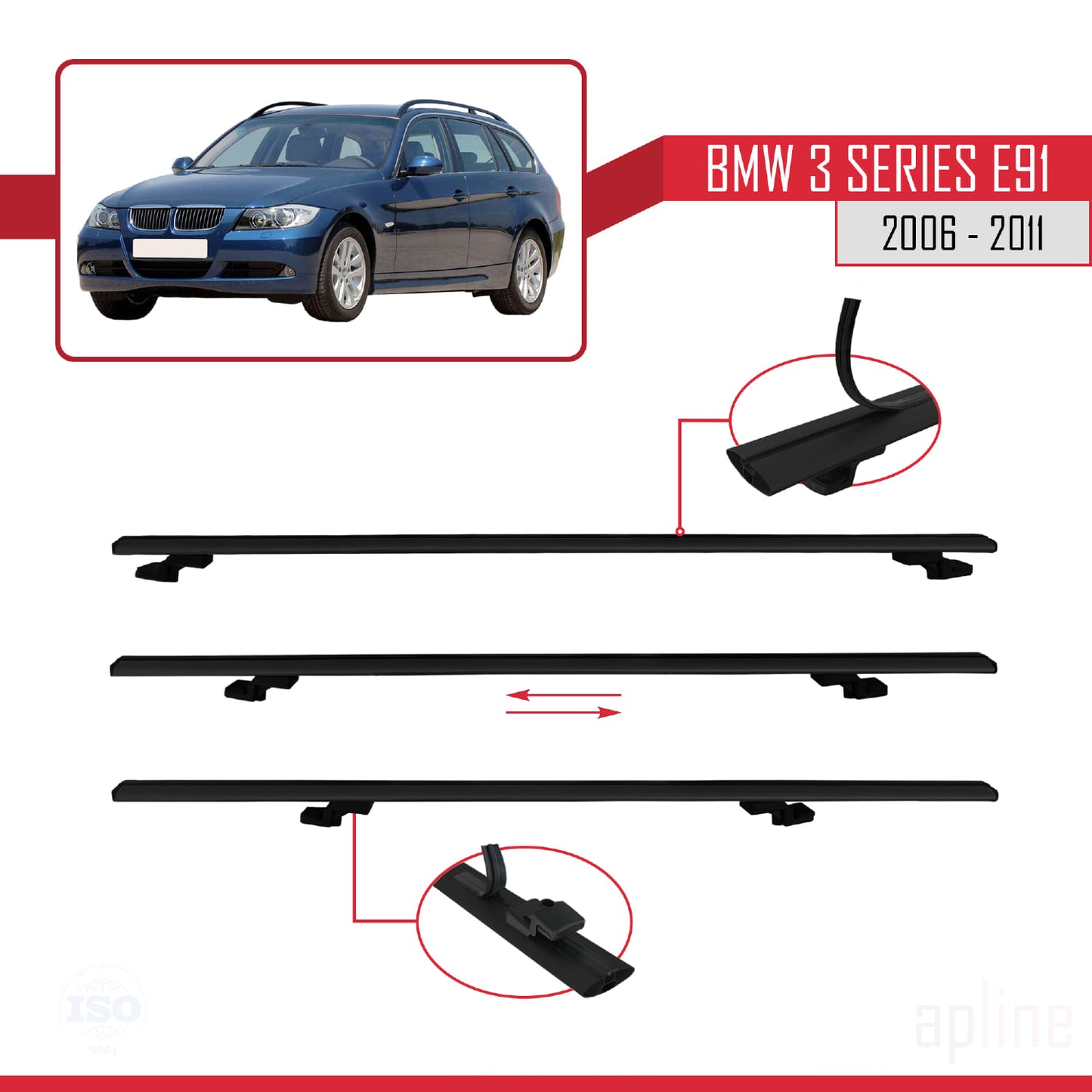 Compatible avec BMW 3 Series E91 Touring 2006-2011 BASIC Model Barres de Toit Railing Porte-Bagages de Voiture Noir Aluminium 3 Barres