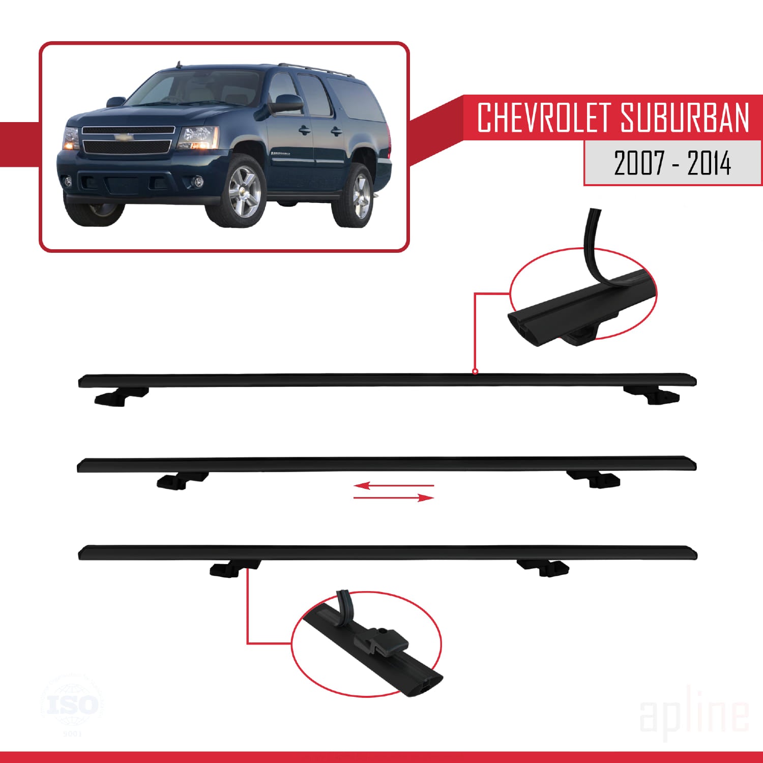 Compatible avec Chevrolet Suburban 2007-2014 BASIC Model Barres de Toit Railing Porte-Bagages de Voiture Noir Aluminium 2 Barres
