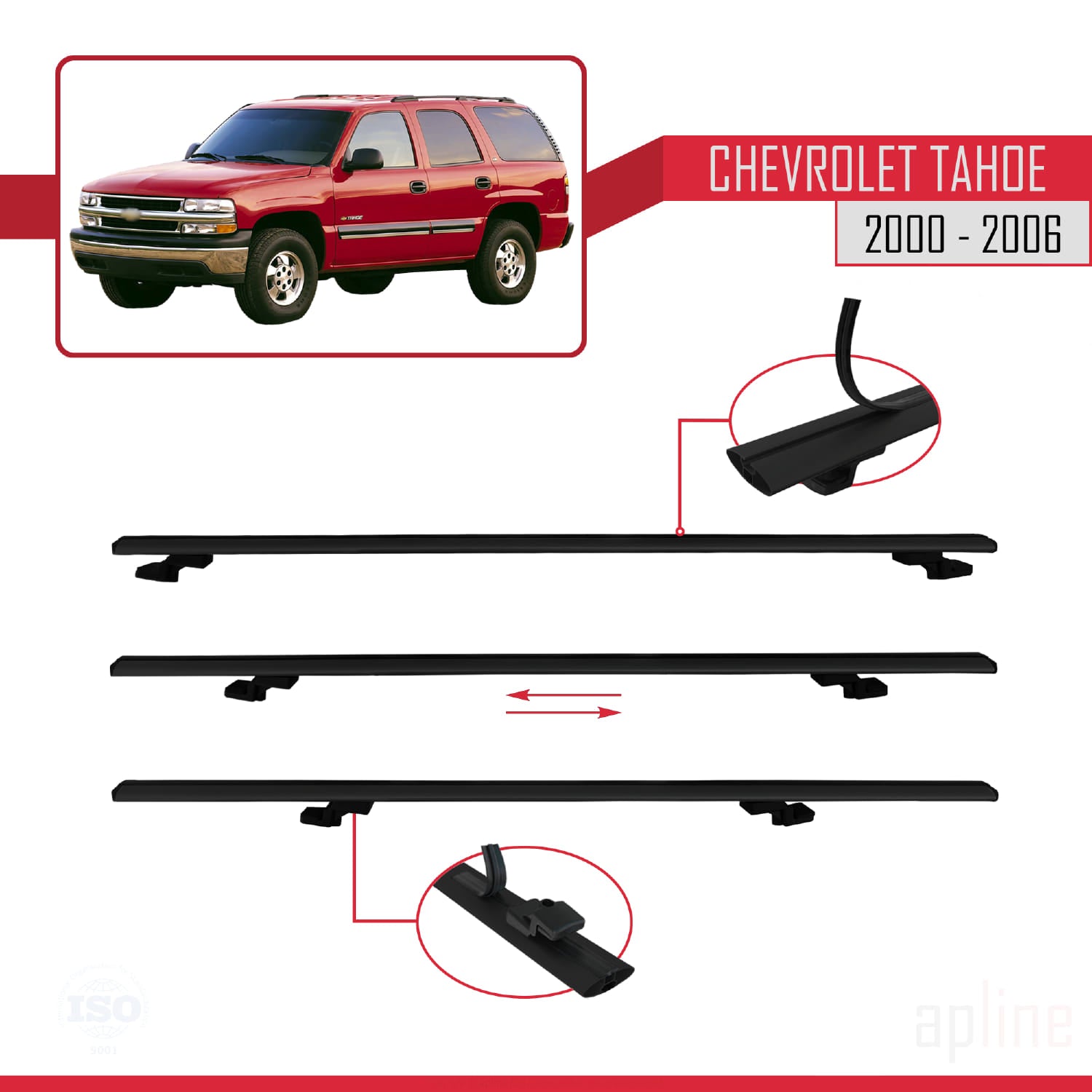 Compatible avec Chevrolet Tahoe 2000-2006 BASIC Model Barres de Toit Railing Porte-Bagages de Voiture Noir Aluminium 3 Barres
