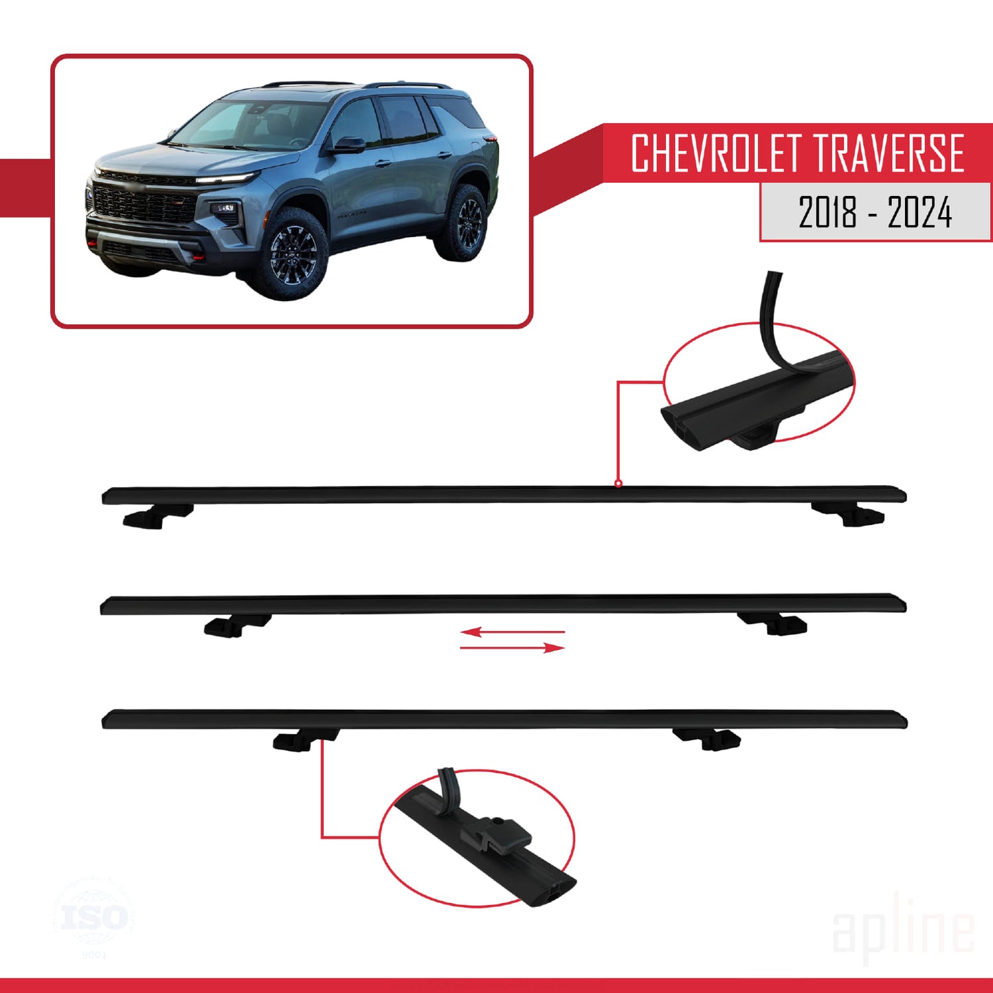 Compatible avec Chevrolet Traverse 2018-2024 BASIC Model Barres de Toit Railing Porte-Bagages de Voiture Noir Aluminium 2 Barres