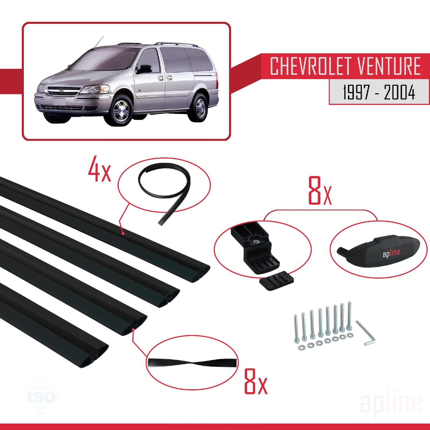 Compatible avec Chevrolet Venture 1997-2004 BASIC Model Barres de Toit Railing Porte-Bagages de Voiture Noir Aluminium 4 Barres