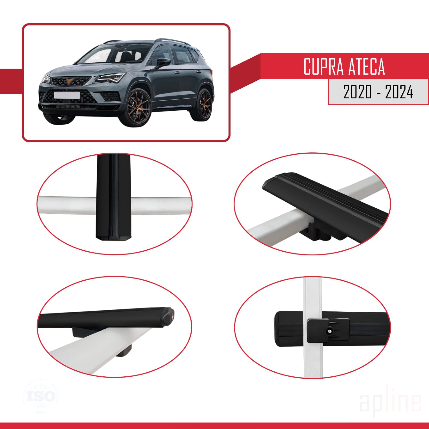 Compatible avec Cupra Ateca 2020-2024 BASIC Model Barres de Toit Railing Porte-Bagages de Voiture Noir Aluminium 3 Barres