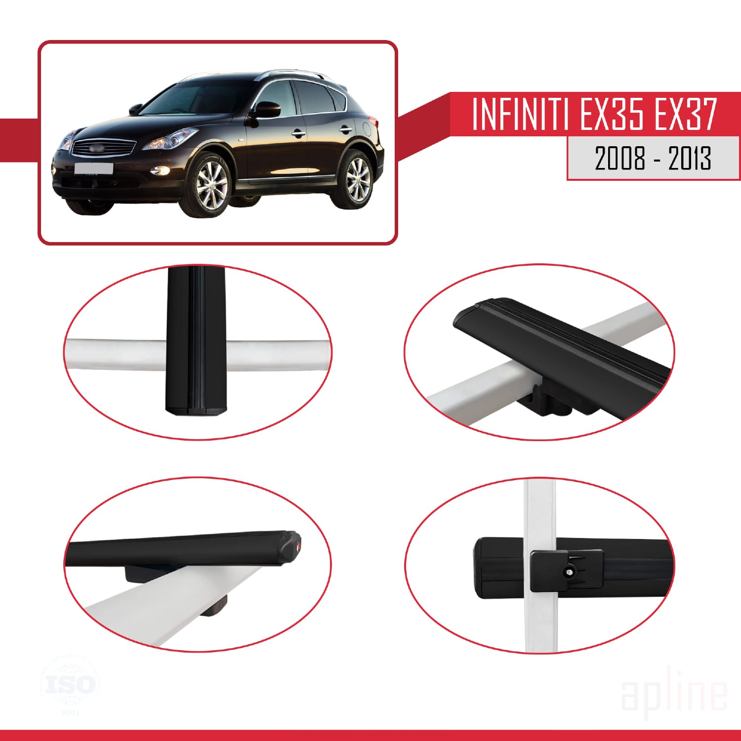 Compatible avec Infiniti EX35 EX37 2008-2013 BASIC Model Barres de Toit Railing Porte-Bagages de Voiture Noir Aluminium 3 Barres