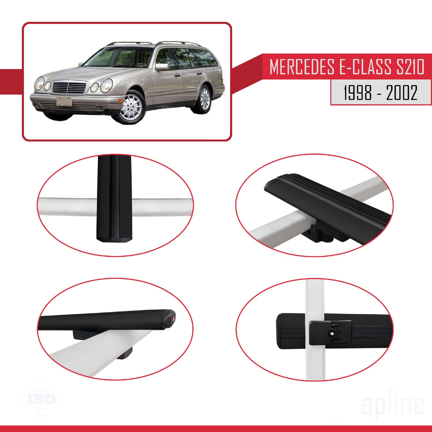 Compatible avec Mercedes E Class S210 Wagon 1998-2002 BASIC Model Barres de Toit Railing Porte-Bagages de Voiture Noir Aluminium 2 Barres