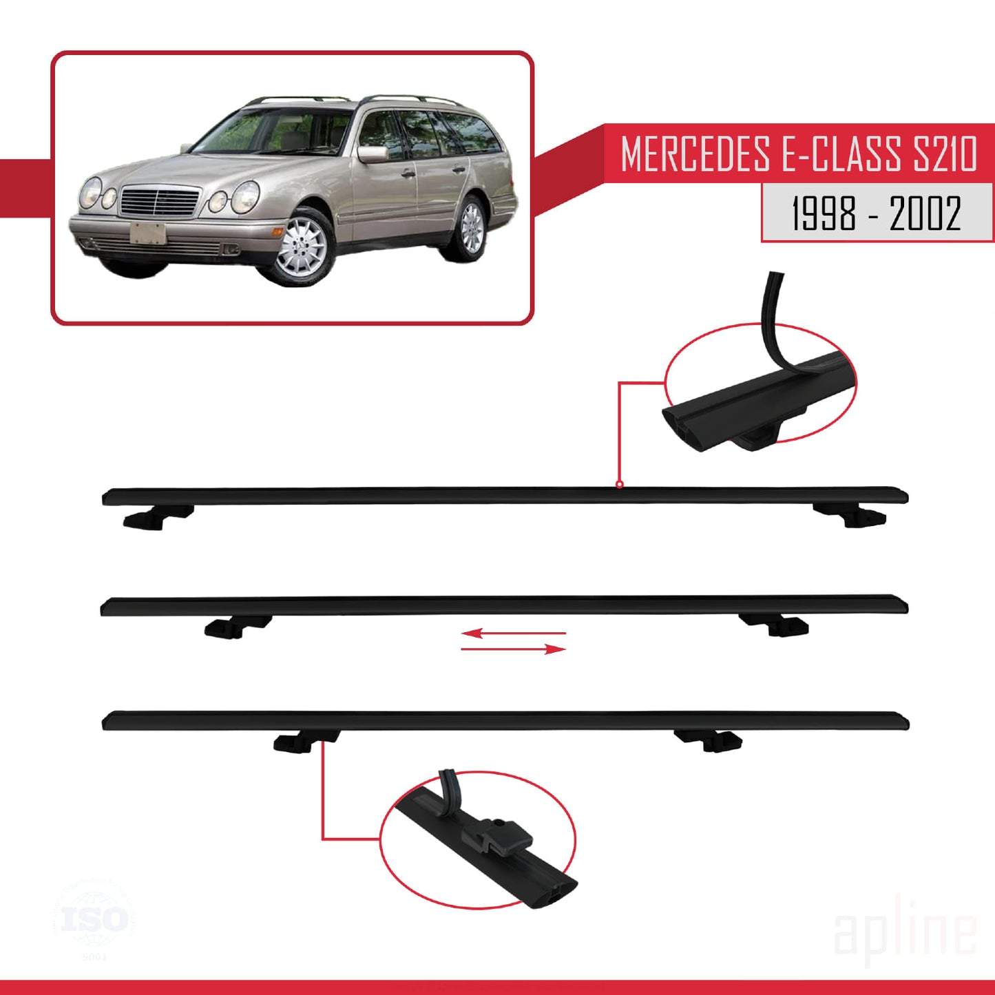 Compatible avec Mercedes E Class S210 Wagon 1998-2002 BASIC Model Barres de Toit Railing Porte-Bagages de Voiture Noir Aluminium 2 Barres