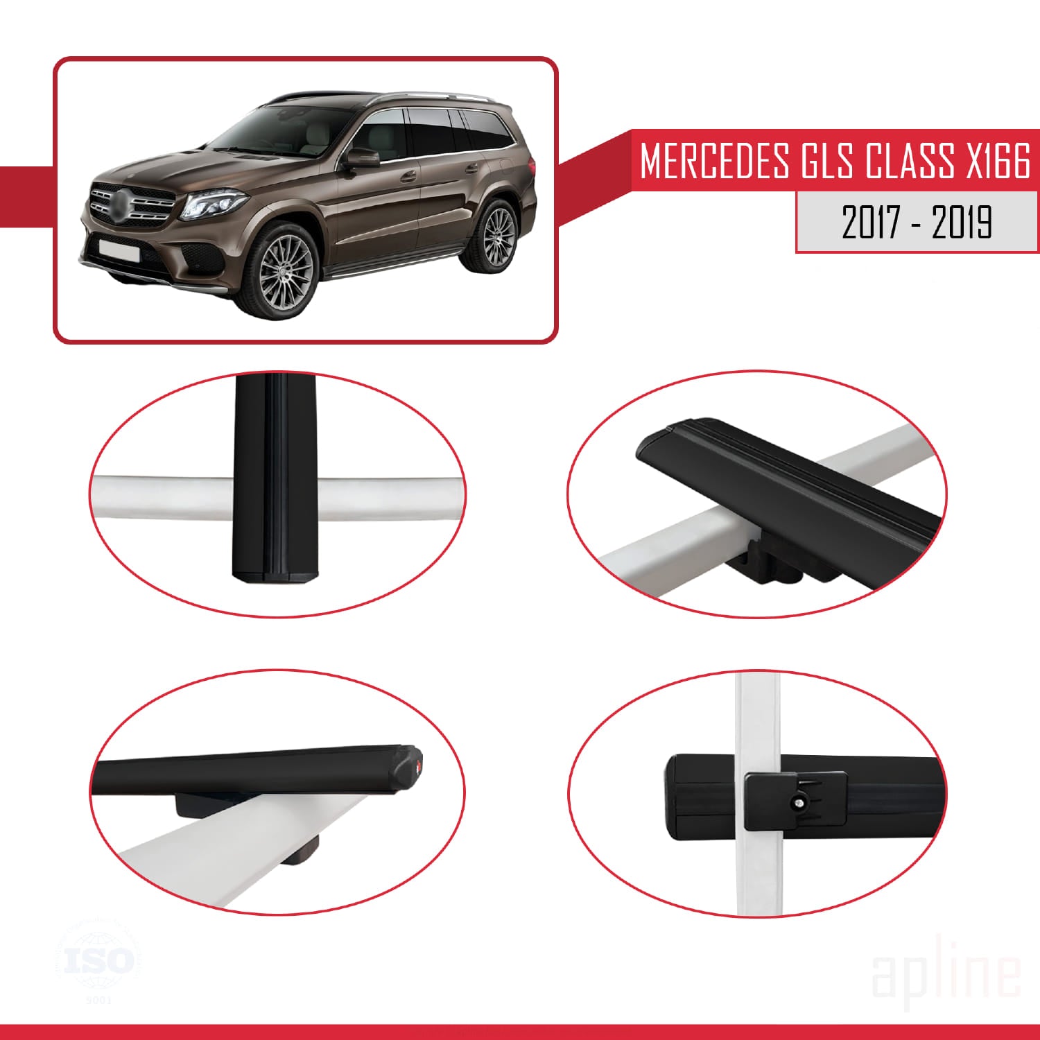Compatible avec Mercedes GLS Class X166 2017-2019 BASIC Model Barres de Toit Railing Porte-Bagages de Voiture Noir Aluminium 3 Barres