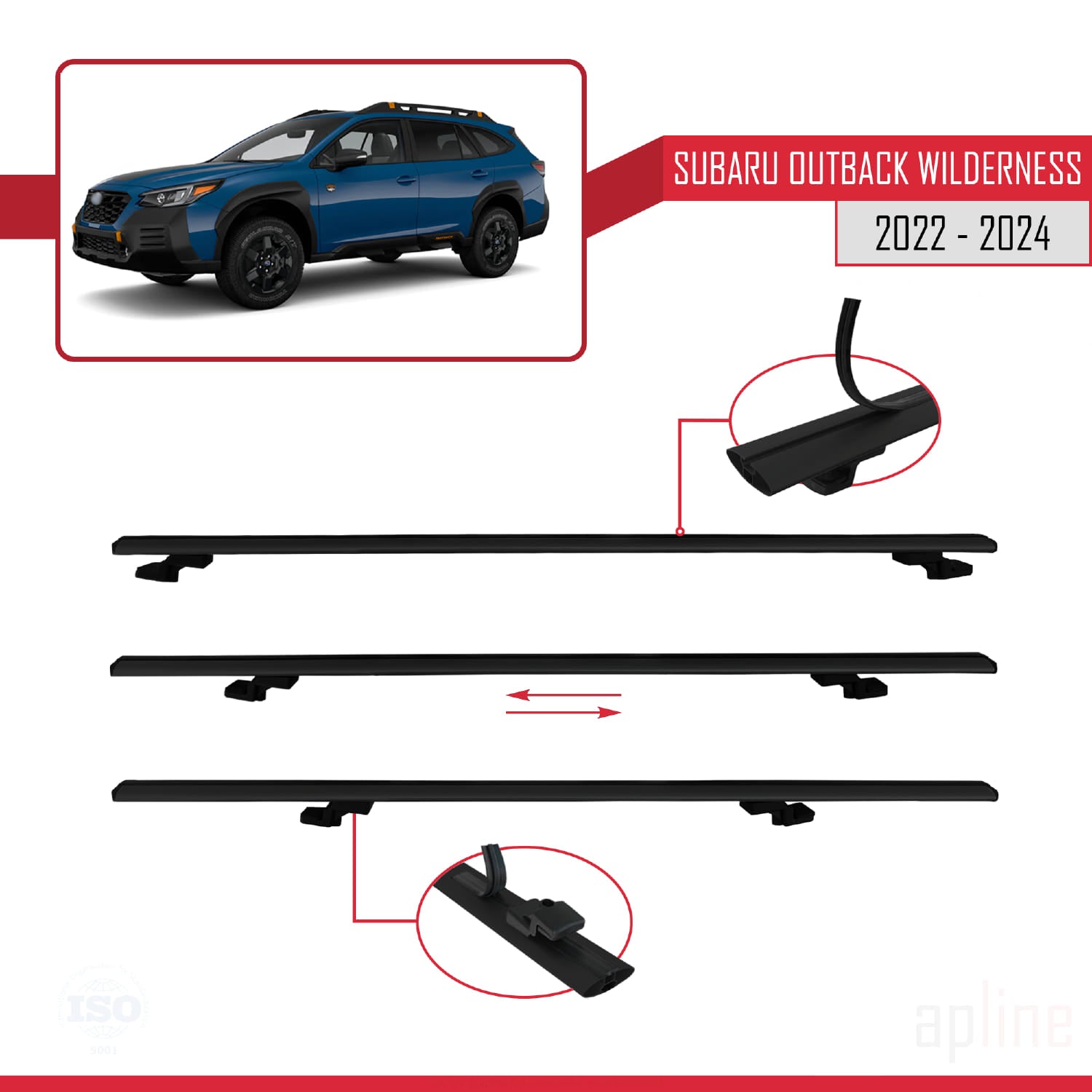Compatible avec Subaru Outback Wilderness 2022-2024 BASIC Model Barres de Toit Railing Porte-Bagages de Voiture Noir Aluminium 3 Barres