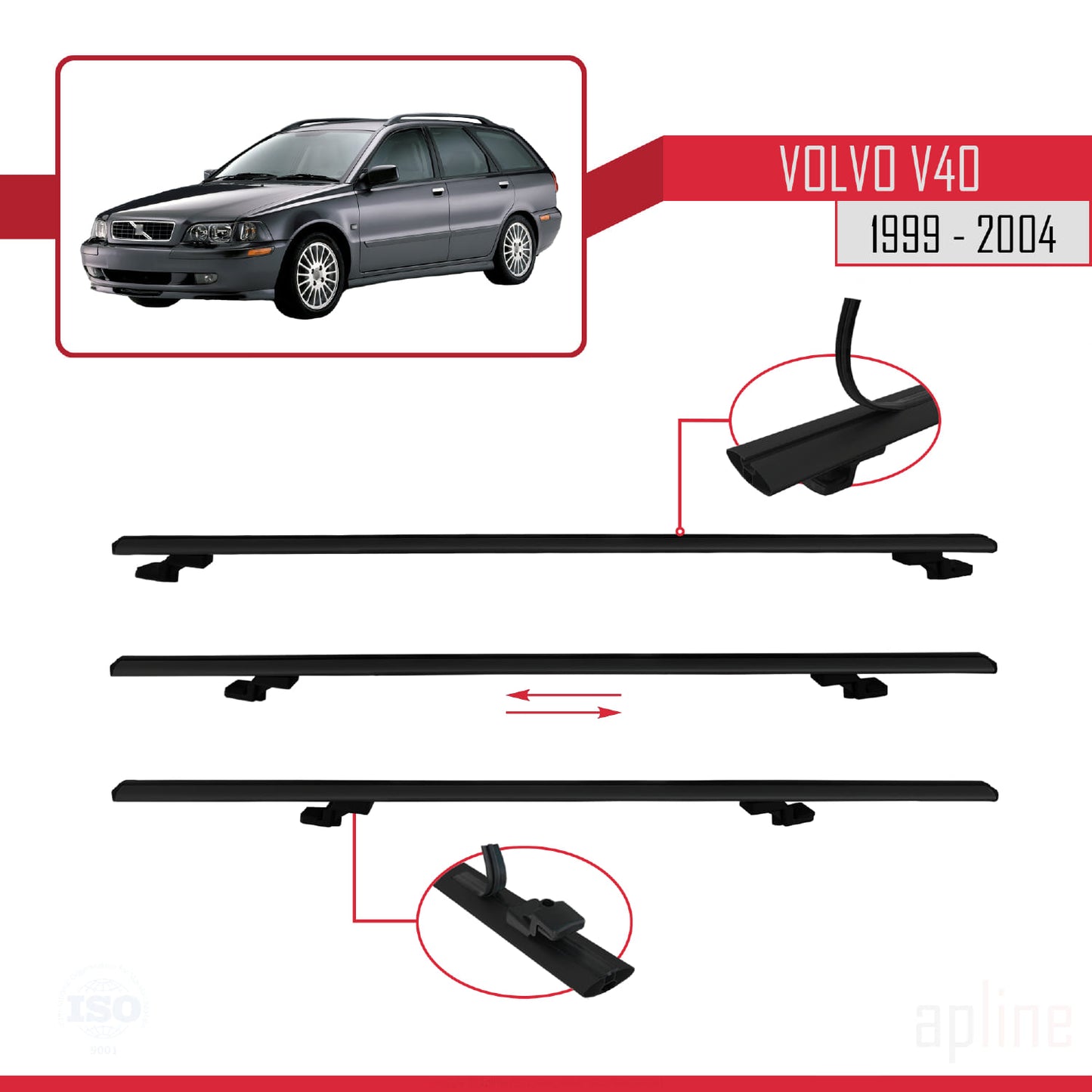 Compatible avec Volvo V40 1999-2004 BASIC Model Barres de Toit Railing Porte-Bagages de Voiture Noir Aluminium 2 Barres