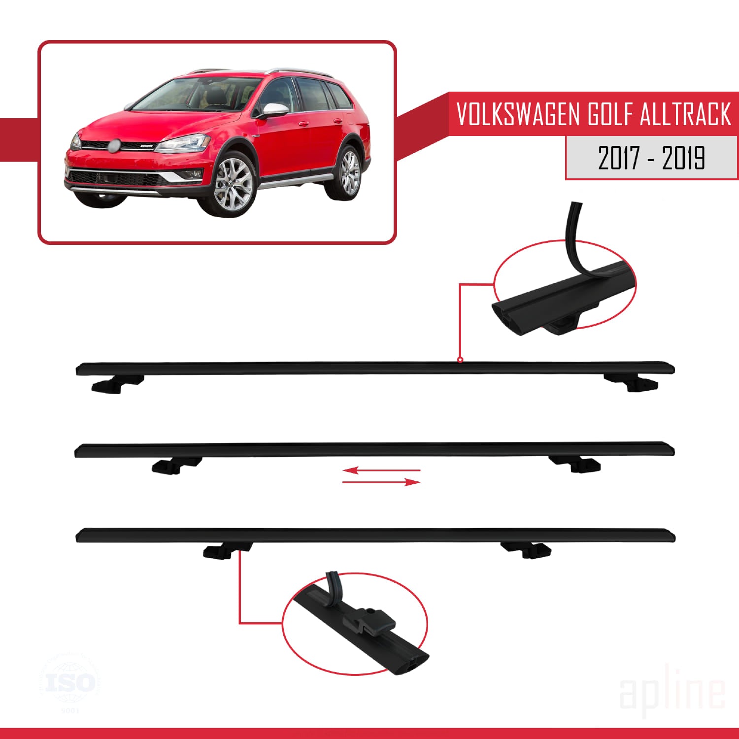 Compatible avec VW Golf Alltrack Mk7 2017-2019 BASIC Model Barres de Toit Railing Porte-Bagages de Voiture Noir Aluminium 2 Barres