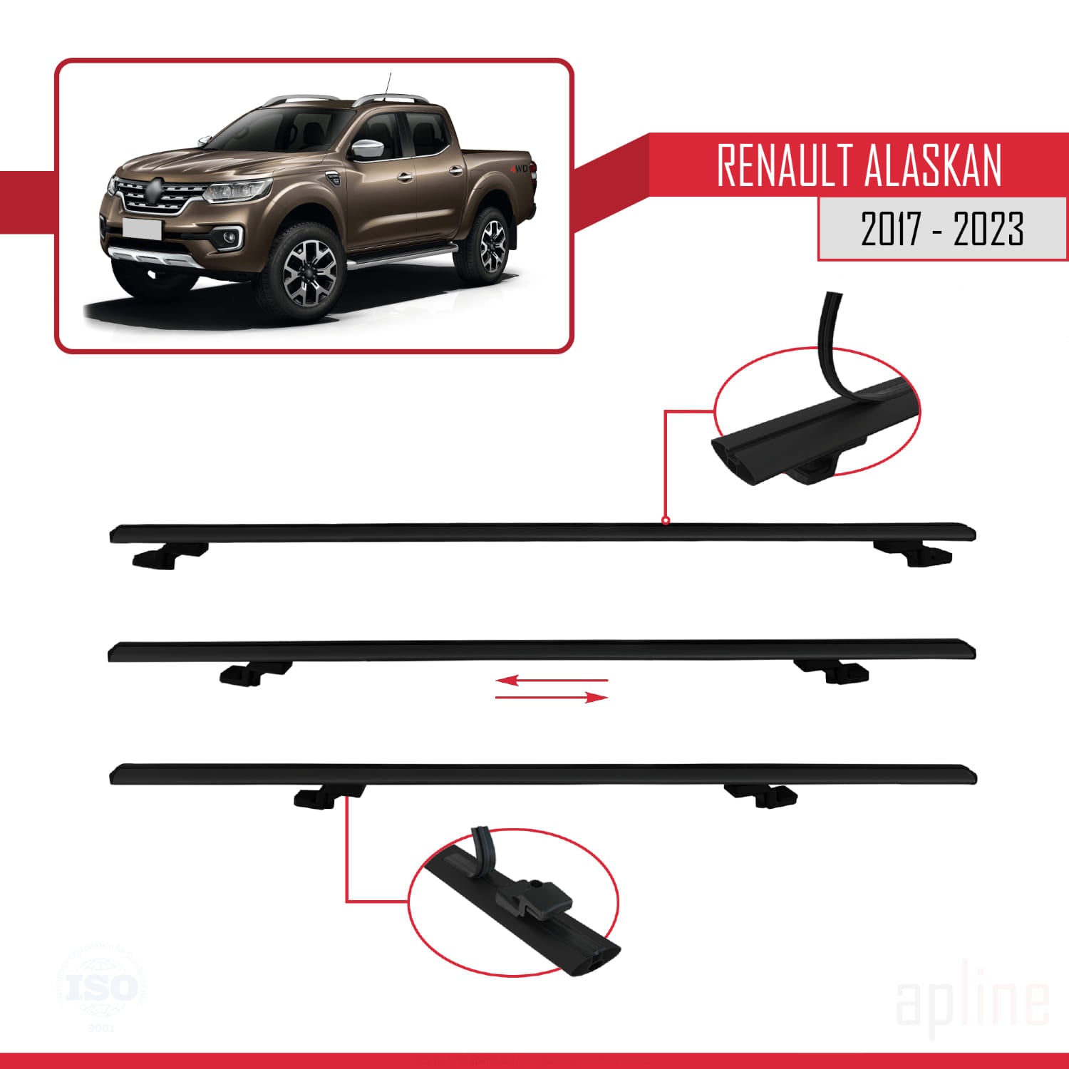 Compatible avec Renault Alaskan 2017-2023 BASIC Model Barres de Toit Railing Porte-Bagages de Voiture Noir Aluminium 2 Barres