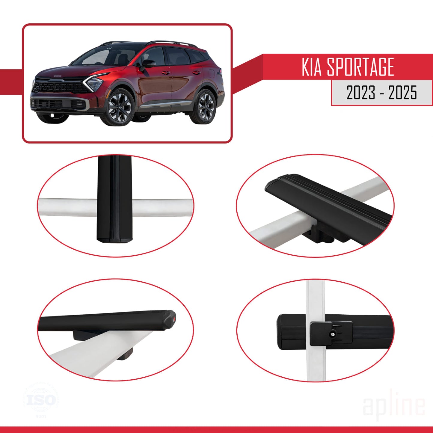 Compatible avec Kia Sportage 2023-2025 BASIC Model Barres de Toit Railing Porte-Bagages de Voiture Noir Aluminium 3 Barres