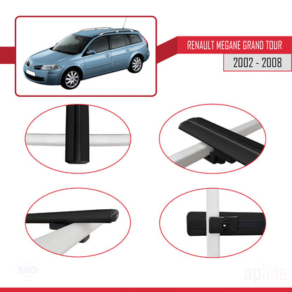 Compatible avec Renault Megane Grand Tour 2002-2008 BASIC Model Barres de Toit Railing Porte-Bagages de Voiture Noir Aluminium 2 Barres