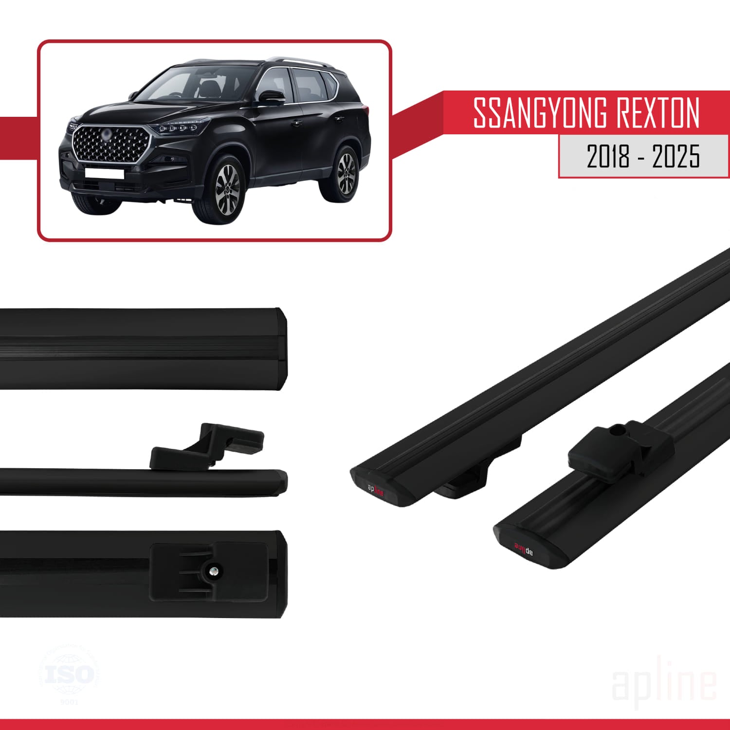 Compatible avec SsangYong Rexton 2018-2025 BASIC Model Barres de Toit Railing Porte-Bagages de Voiture Noir Aluminium 2 Barres