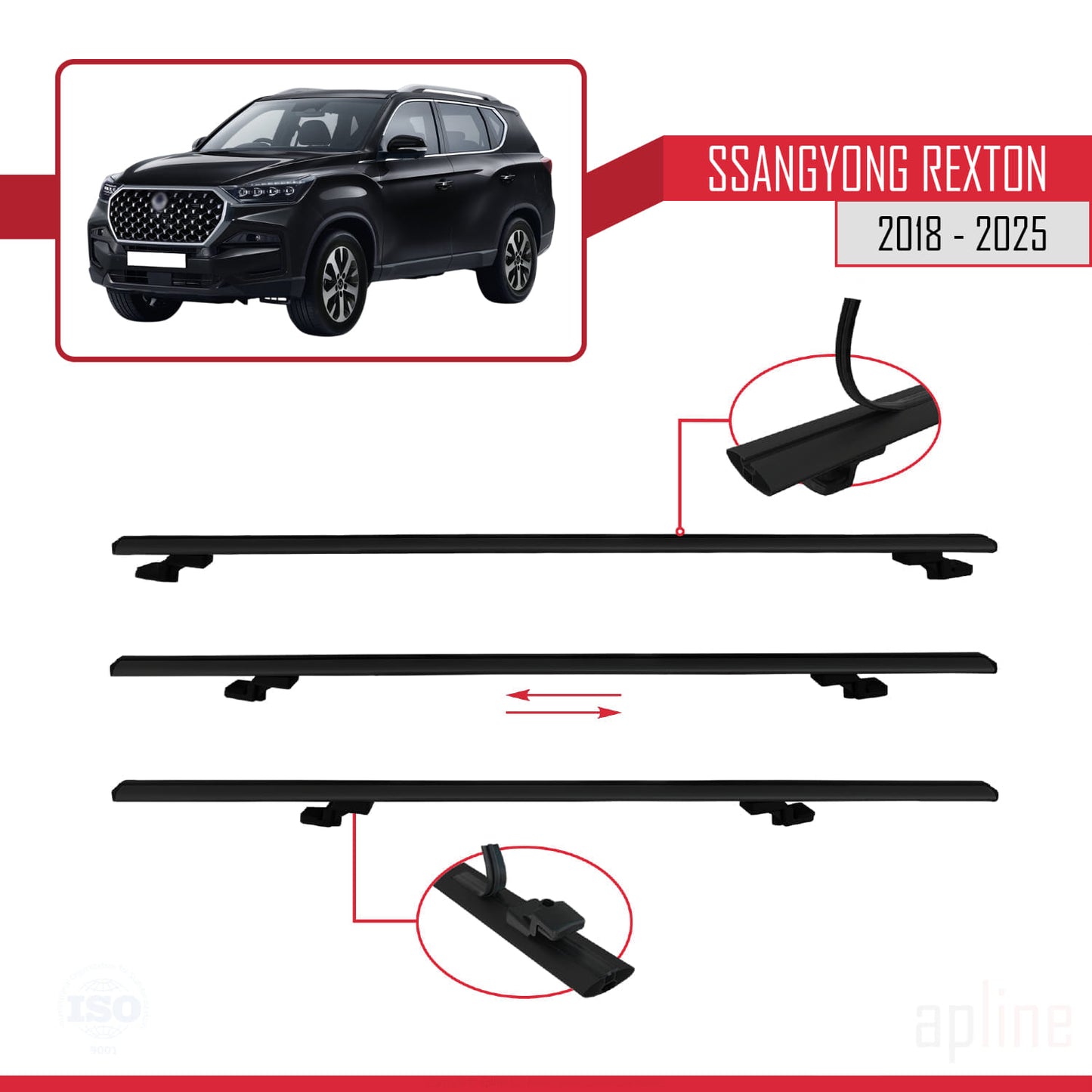 Compatible avec SsangYong Rexton 2018-2025 BASIC Model Barres de Toit Railing Porte-Bagages de Voiture Noir Aluminium 2 Barres