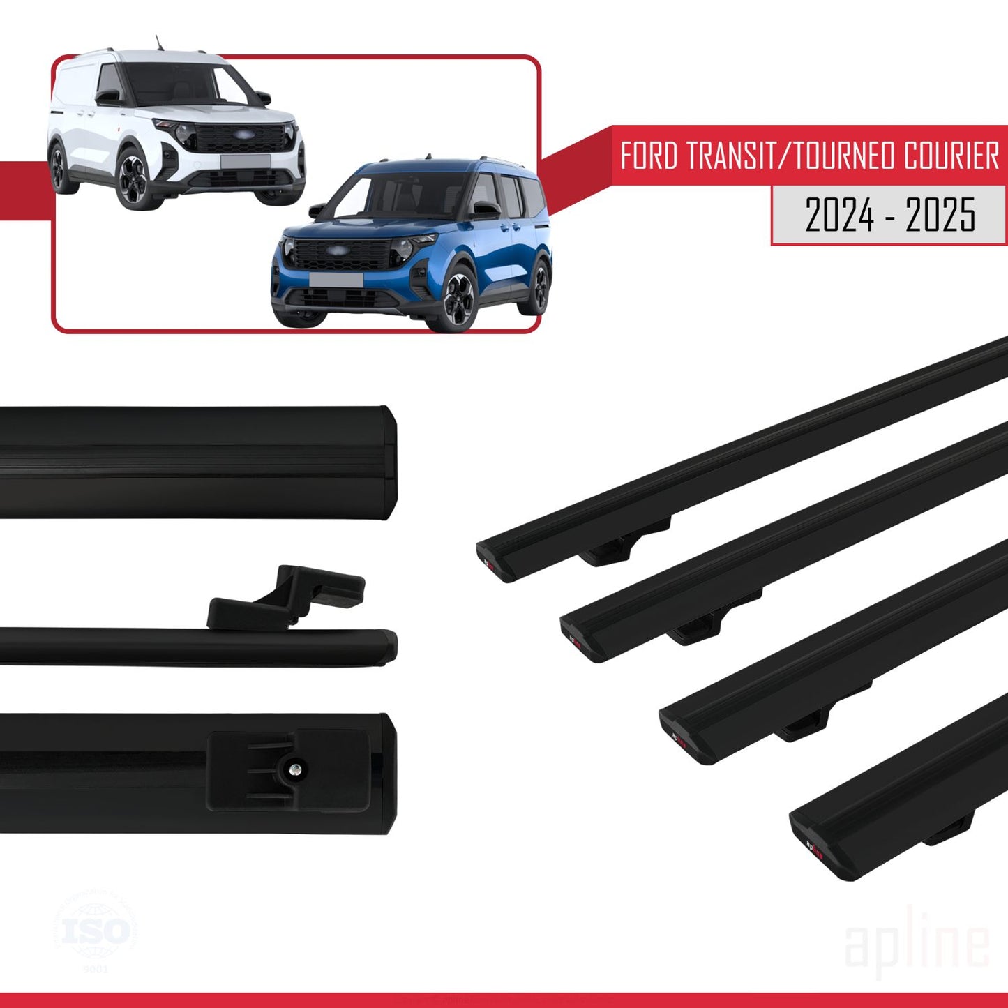 Compatible with Ford Transit/Tourneo Courier 2024-2025 BASIC Model Car Roof Rack Cross Bar Black Aluminium 4 Bars