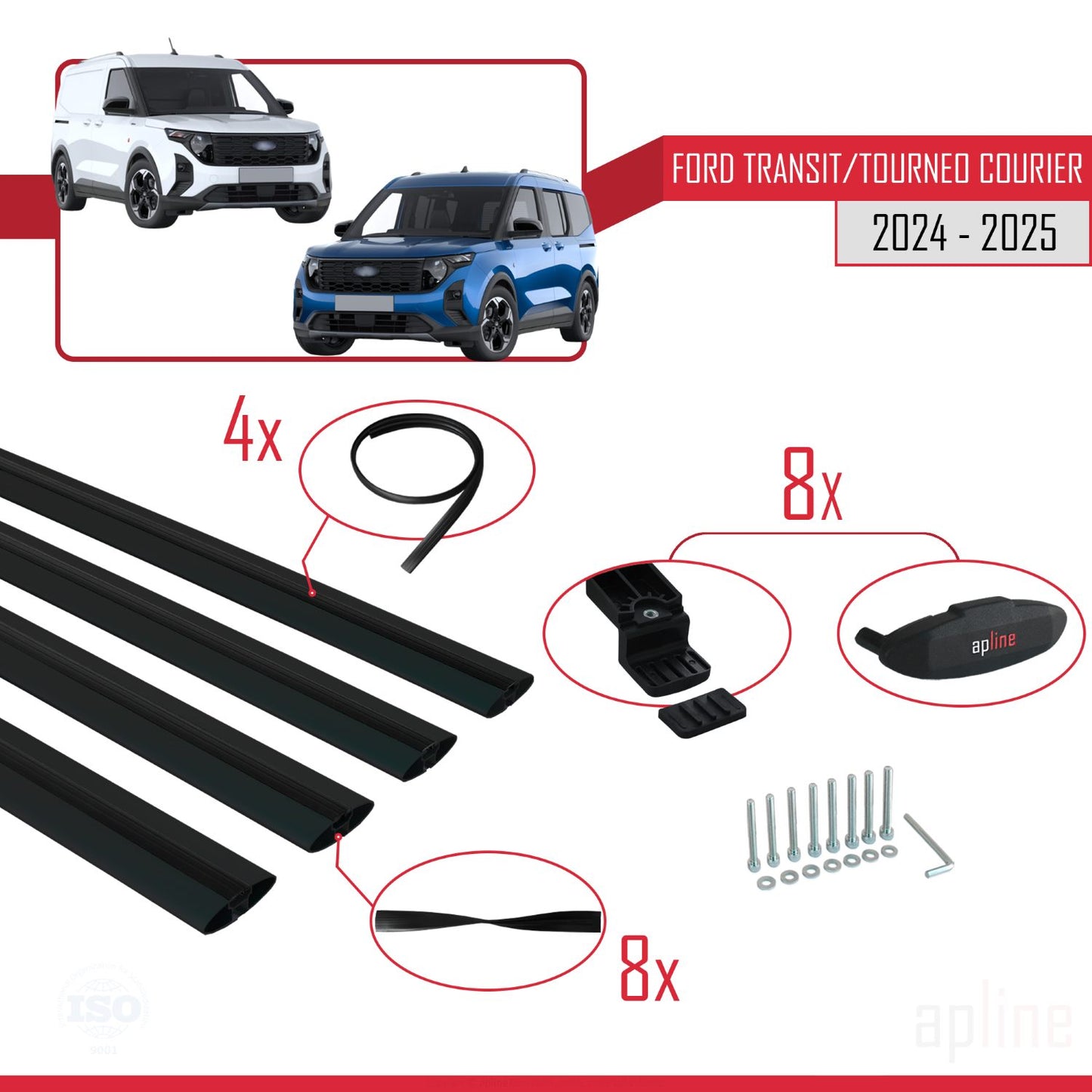 Compatible with Ford Transit/Tourneo Courier 2024-2025 BASIC Model Car Roof Rack Cross Bar Black Aluminium 4 Bars