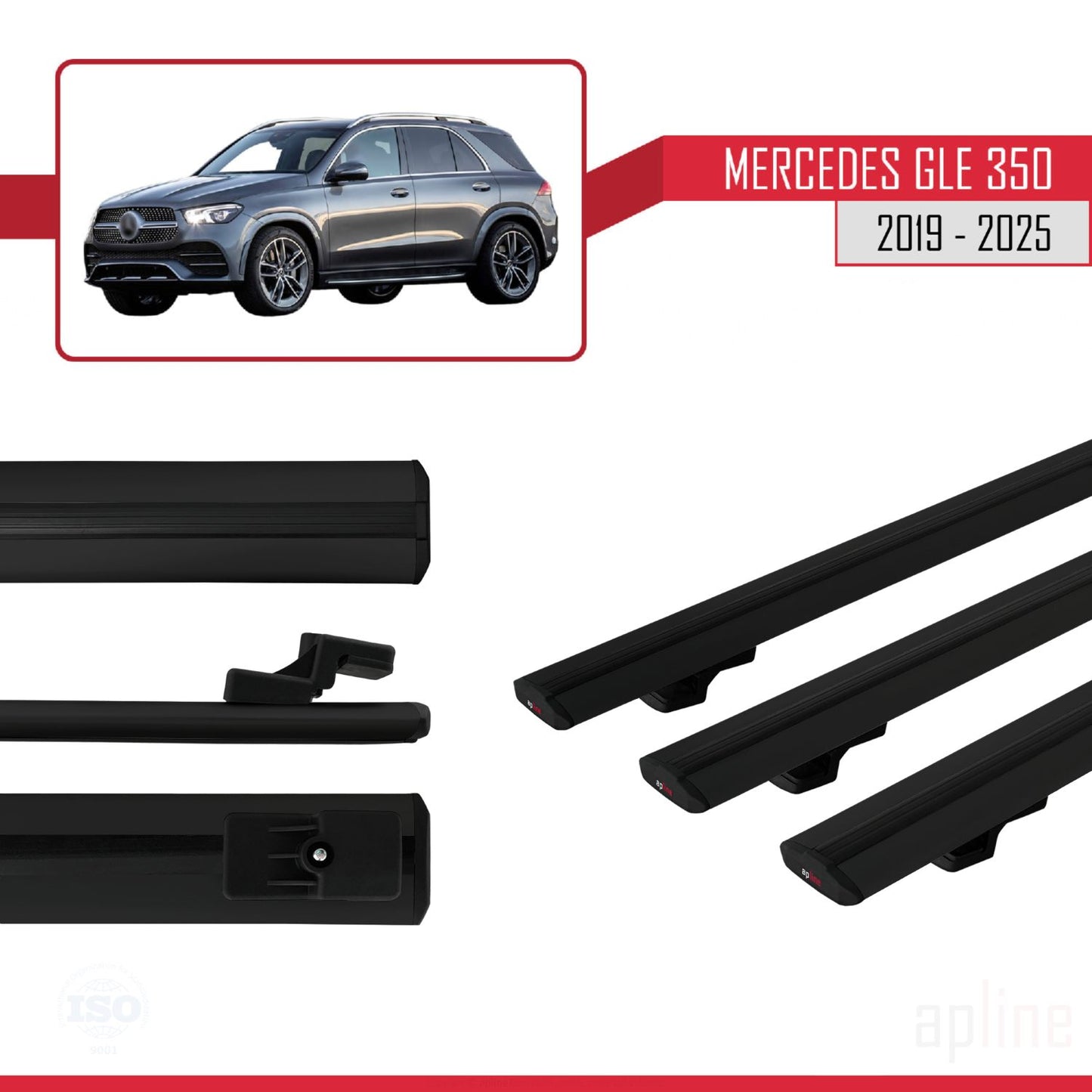 Compatible with Mercedes GLE Class 4 (W167) 2019-2025 BASIC Model Car Roof Rack Cross Bar Black Aluminium 3 Bars
