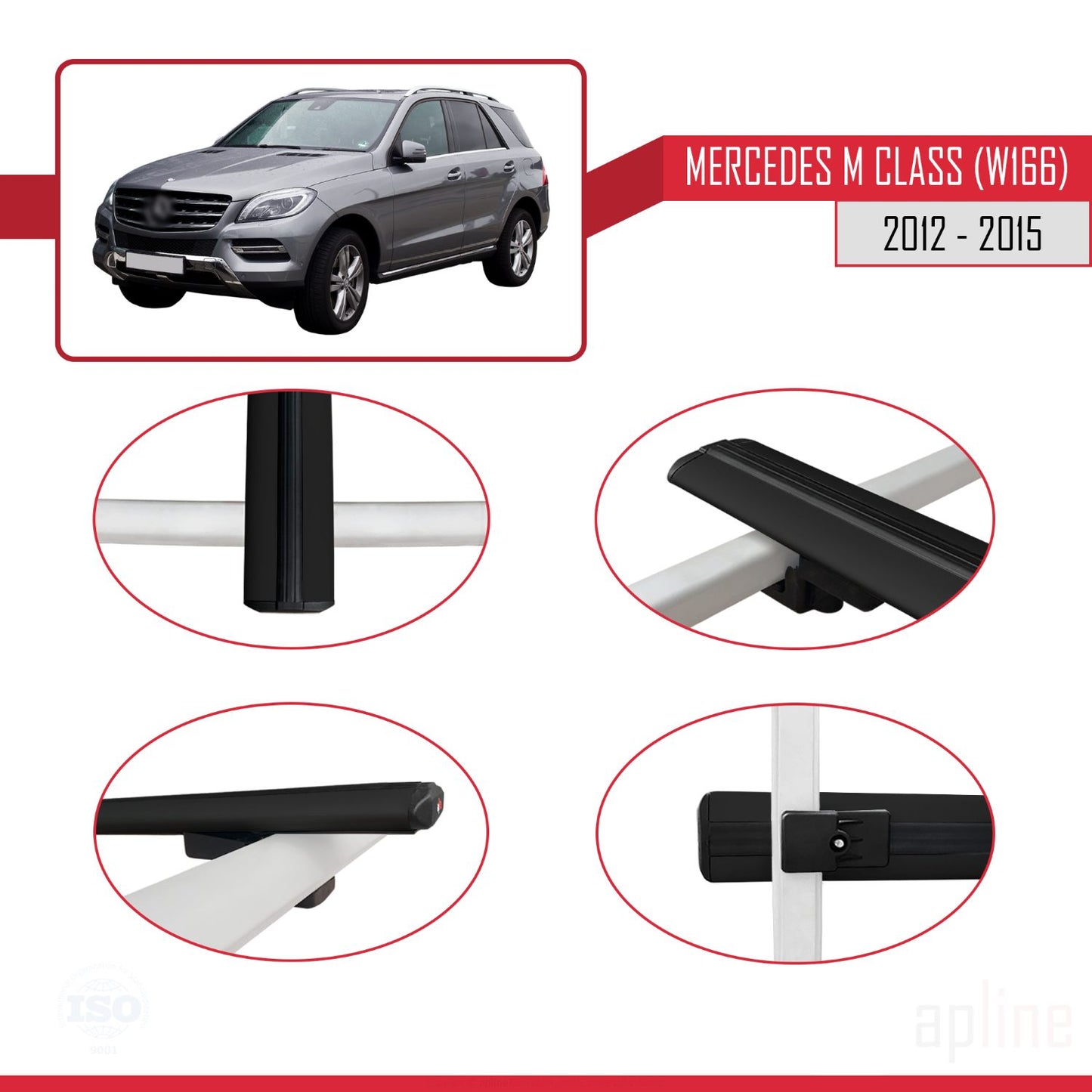 Compatible with Mercedes M Class 3 (W166) Pre-Facelift 2012-2015 BASIC Model Car Roof Rack Cross Bar Black Aluminium 2 Bars