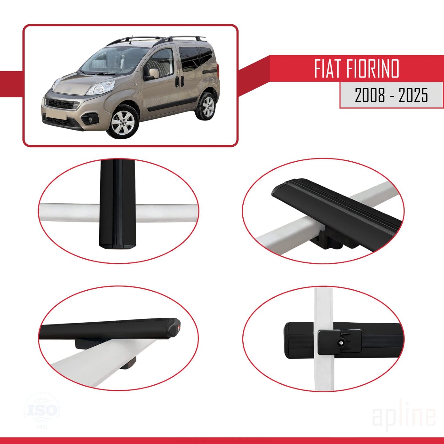 Compatible avec Fiat Fiorino (Modèle Tubulaire) 2008-2025 BASIC Model Barres de Toit Railing Porte-Bagages de Voiture Noir Aluminium 3 Barres