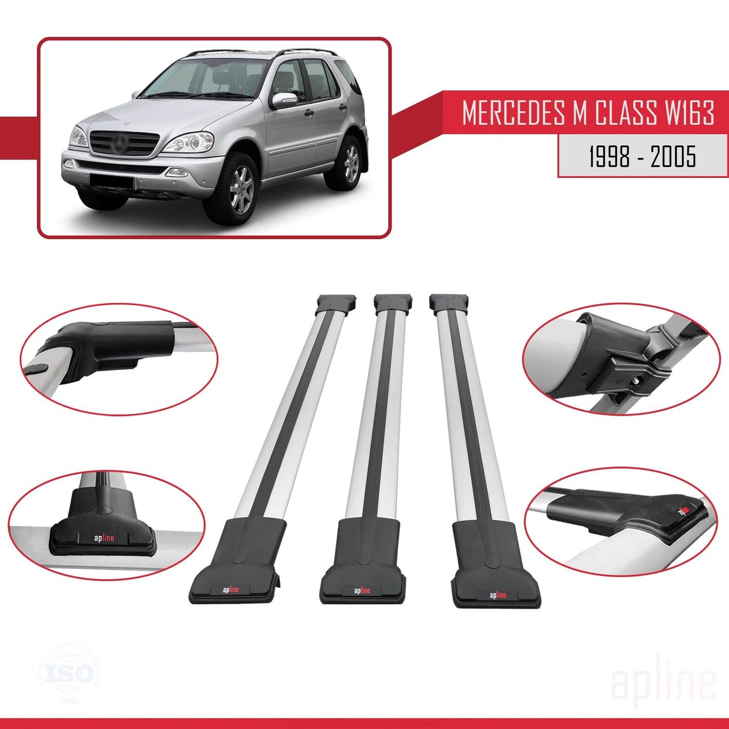 Compatible avec Mercedes Classe M (W163) 1998-2005 FLY Model Barres de Toit Railing Porte-Bagages de Voiture Gris Aluminium 3 Barres
